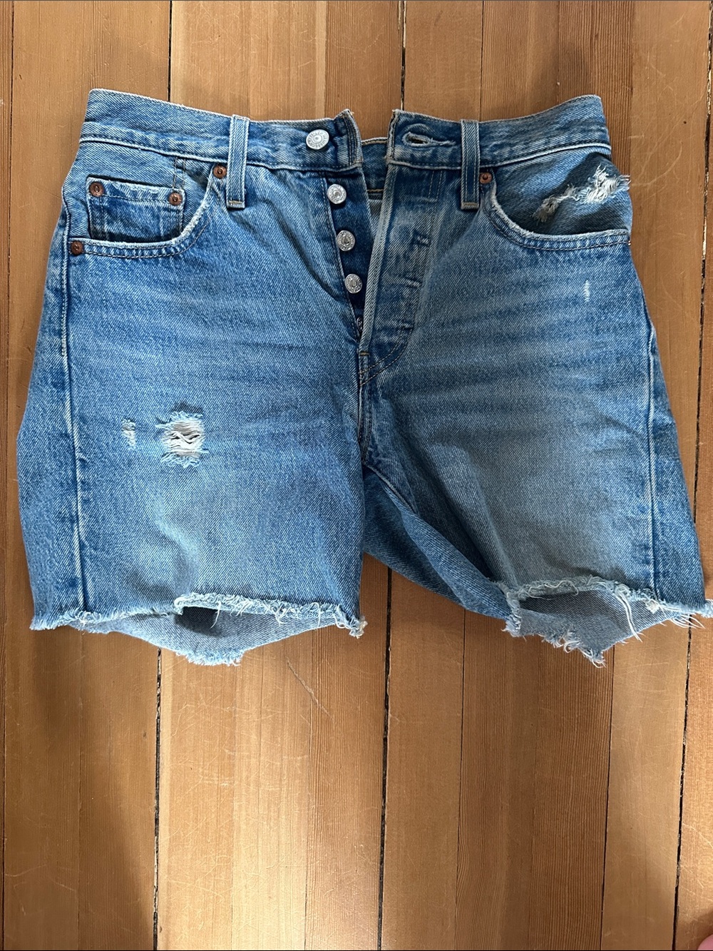Levi's Light Blue Distressed High-Rise Jean Shorts